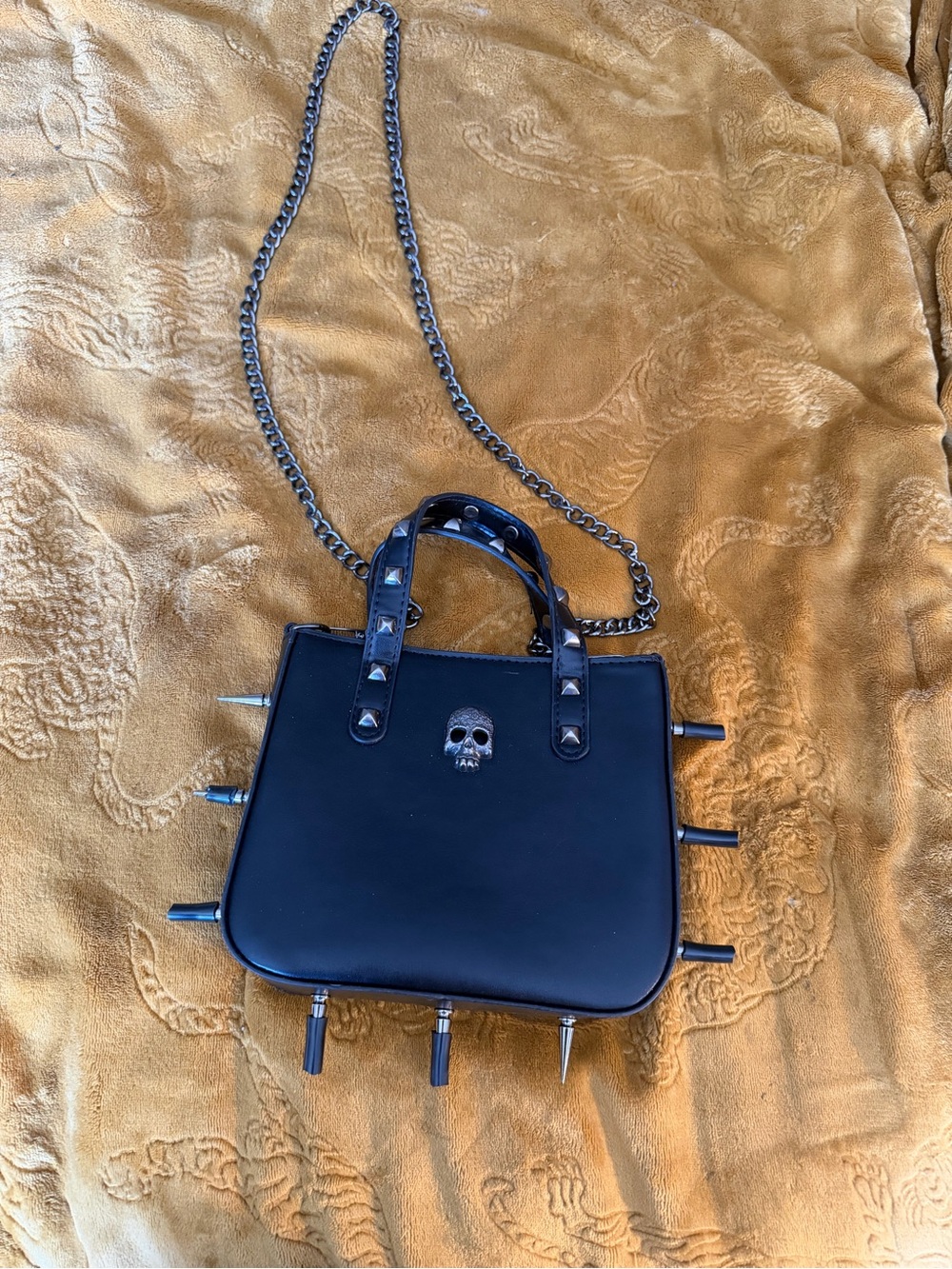 Black Studded Skull Accent Chain Crossbody Bag leather
